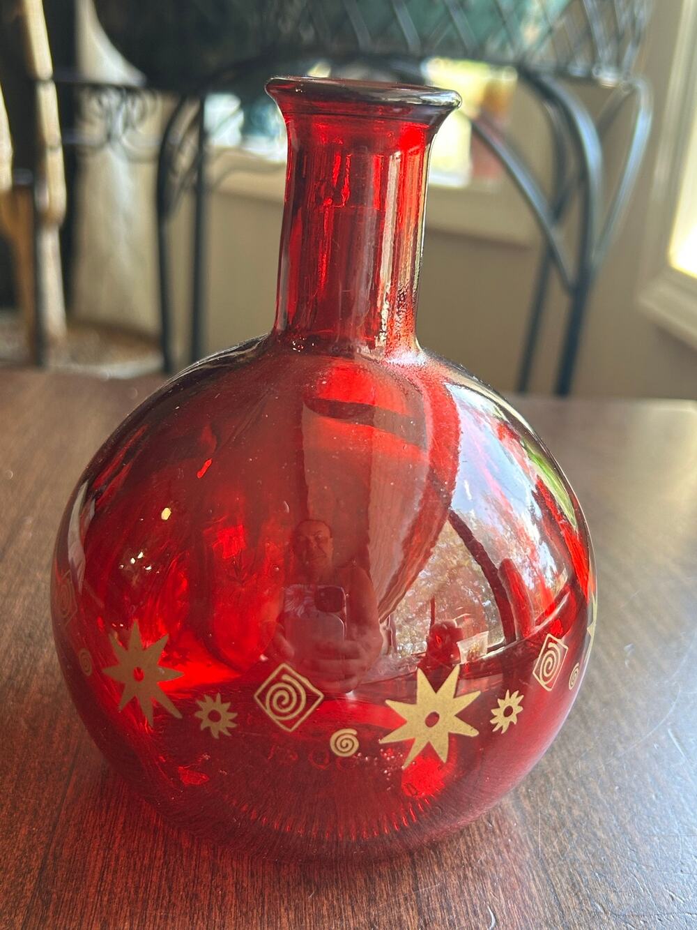 Vintage Spain ruby red glass decanter balloon vase gold gilt detailing